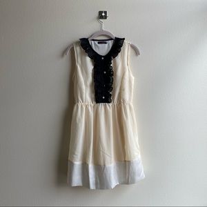 Tenki Ivory & Black Satin Hem Ruffle Accent Dress Sz 0/S